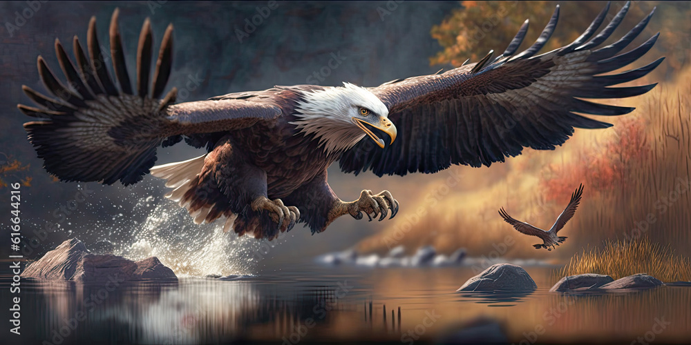 Fototapeta premium An eagle capturing a large prey animal - Generative AI