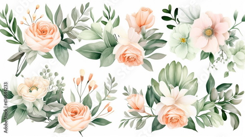 Watercolor floral illustration elements set - green leaves, pink peach blush white flowers, branches. Wedding invitations, greetings, wallpapers, fashion, prints. Eucalyptus, olive, peony, rose