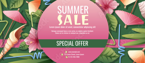 Discount flyer template with coconut cocktail, umbrellas and hibiscus flowers. Coupon for summer discounts.