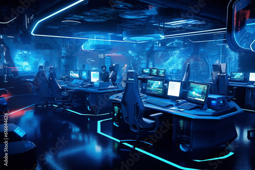 futuristic computer lab with bright blue lighting 
