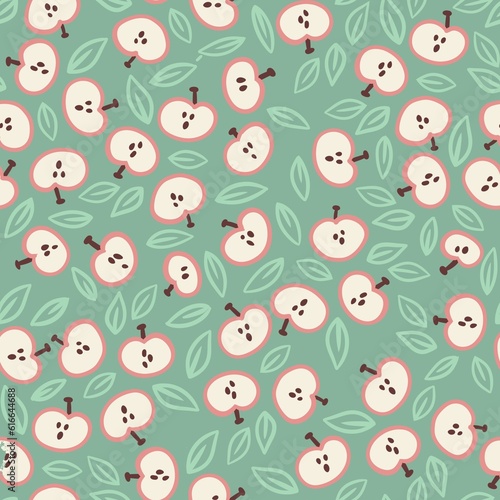 Hand drawn seamless pattern with apples fruits on pastel green background painted in simple minimalist shape design for food labels packaging, kitchen textile wallpaper. Soft neutral ditsy