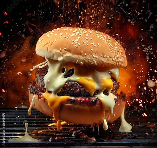 Delicious Smoked Burger With Melted Cheese Sauce Mayonnaise Sparkling Flame Background  