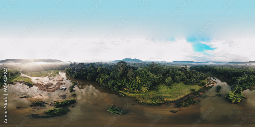 Aerial view tropical green tree forest with river marning sunrise Aerial view tropical green tree forest with river marning sunrise