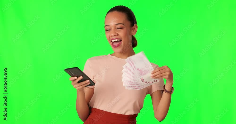 Happy woman, smartphone and money fan on green screen with cash, bonus and financial freedom. Rich female person, wealth and social media giveaway reward, happiness with technology and mockup space Happy woman, smartphone and money fan on green screen with cash, bonus and financial freedom. Rich female person, wealth and social media giveaway reward, happiness with technology and mockup space