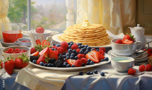  a painting of a plate of pancakes  berries  and a cup of tea.  generative ai