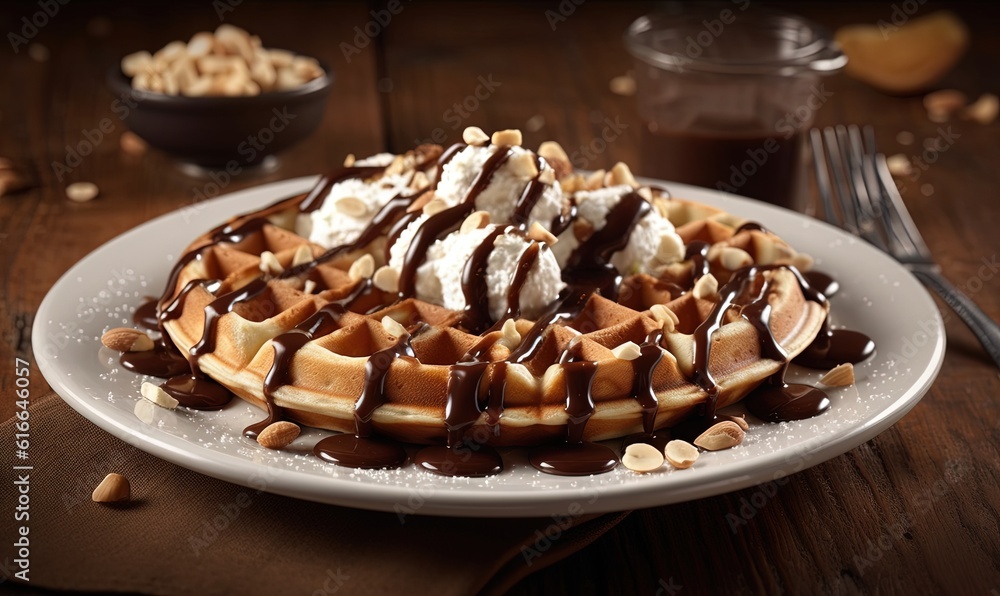 a plate of waffles covered in chocolate and whipped cream. generative ai a plate of waffles covered in chocolate and whipped cream. generative ai
