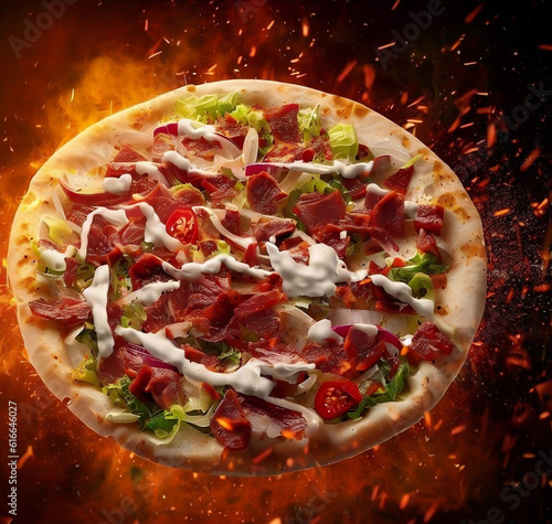 Rich Beef Cheesy Pizza Floating With Explode Sparkling Fire Background