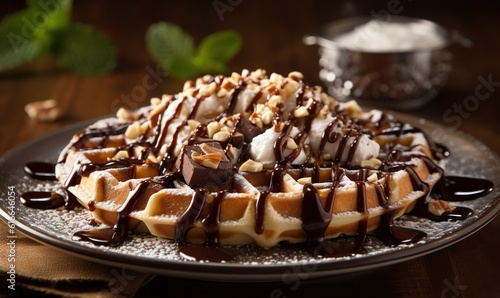  a waffle covered in chocolate and nuts on a plate.  generative ai