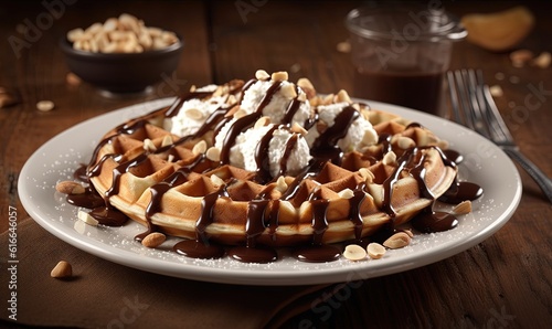  a plate of waffles covered in chocolate and whipped cream. generative ai