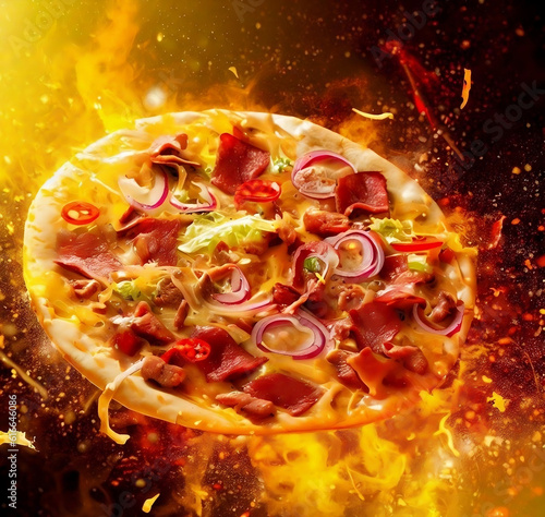 Rich Beef Cheesy Pizza Floating With Explode Sparkling Fire Background