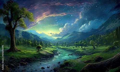  a painting of a river running through a lush green valley. generative ai