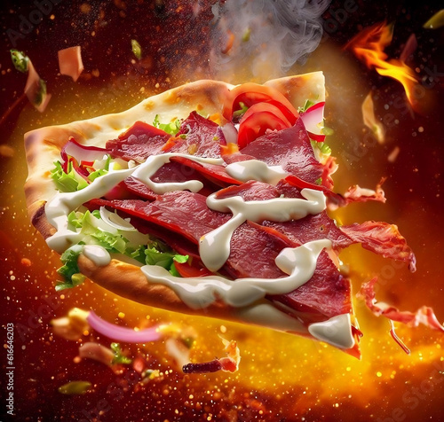 Slice Of Rich Beef Cheesy Pizza Floating With Explode Sparkling Fire Background
