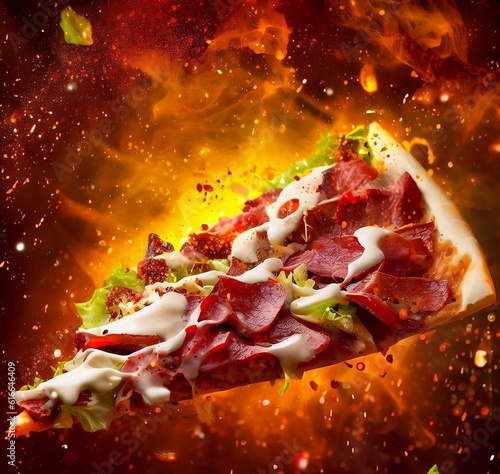 Slice Of Rich Beef Cheesy Pizza Floating With Explode Sparkling Fire Background