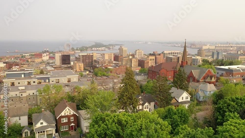 Aerial view of Downtown Duluth, Minnesota, United States. Cityscape, skyline. Spring Summer, sunset