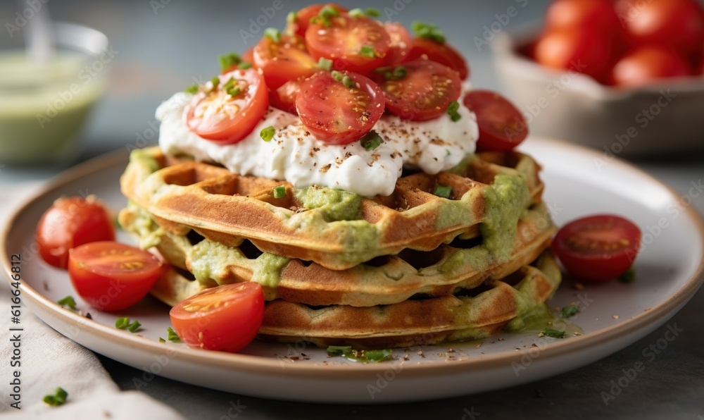  a stack of waffles topped with guacamole and tomatoes.  generative ai