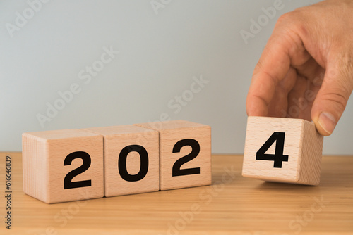 2024, welcome new year, date on wooden blocks, concept of new year's plans in business, copy space, close up