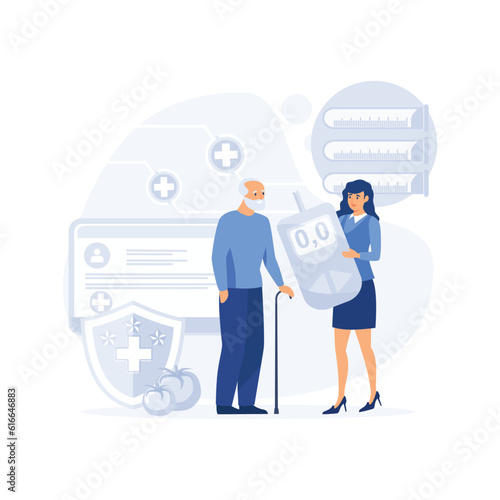 Diabetes control and healthcare concept. Doctor checking blood sugar level, flat vector modern illustration