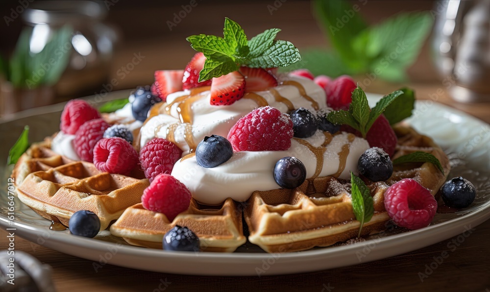 a plate of waffles topped with whipped cream and berries. generative ai a plate of waffles topped with whipped cream and berries. generative ai