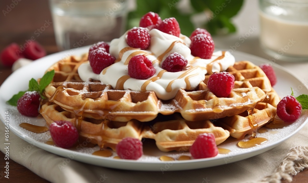 a white plate topped with waffles covered in whipped cream and raspberries. generative ai a white plate topped with waffles covered in whipped cream and raspberries. generative ai