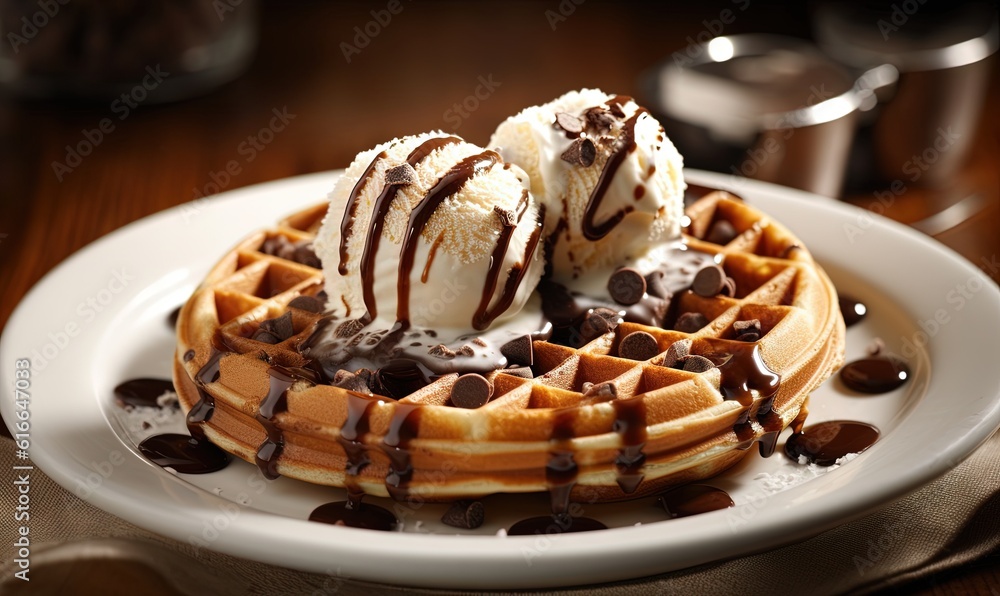 a waffle topped with ice cream and chocolate chips on a plate. generative ai a waffle topped with ice cream and chocolate chips on a plate. generative ai