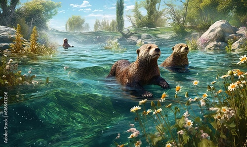  a painting of two brown bears swimming in a river surrounded by wildflowers.  generative ai © Anna