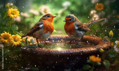  two birds are sitting on a bird bath in the rain.  generative ai © Anna