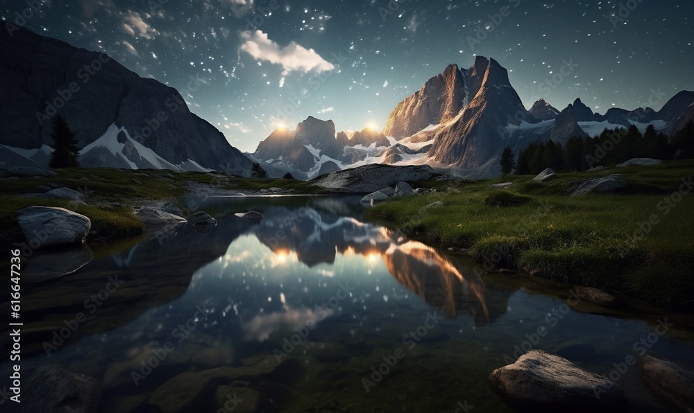  a mountain range with a lake and stars in the sky.  generative ai