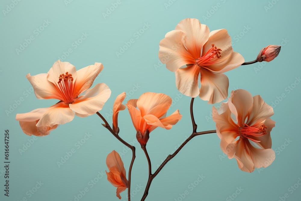 two flowers sit on top of a light background, in the style of photorealistic fantasies, dark cyan and orange, light beige and red, gorgeous colors, diverse color palette, two flowers sit on top of a light background, in the style of photorealistic fantasies, dark cyan and orange, light beige and red, gorgeous colors, diverse color palette,