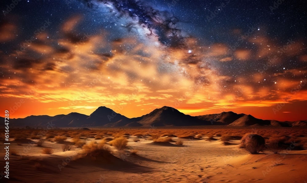  a desert landscape with a star filled sky and mountains in the background.  generative ai