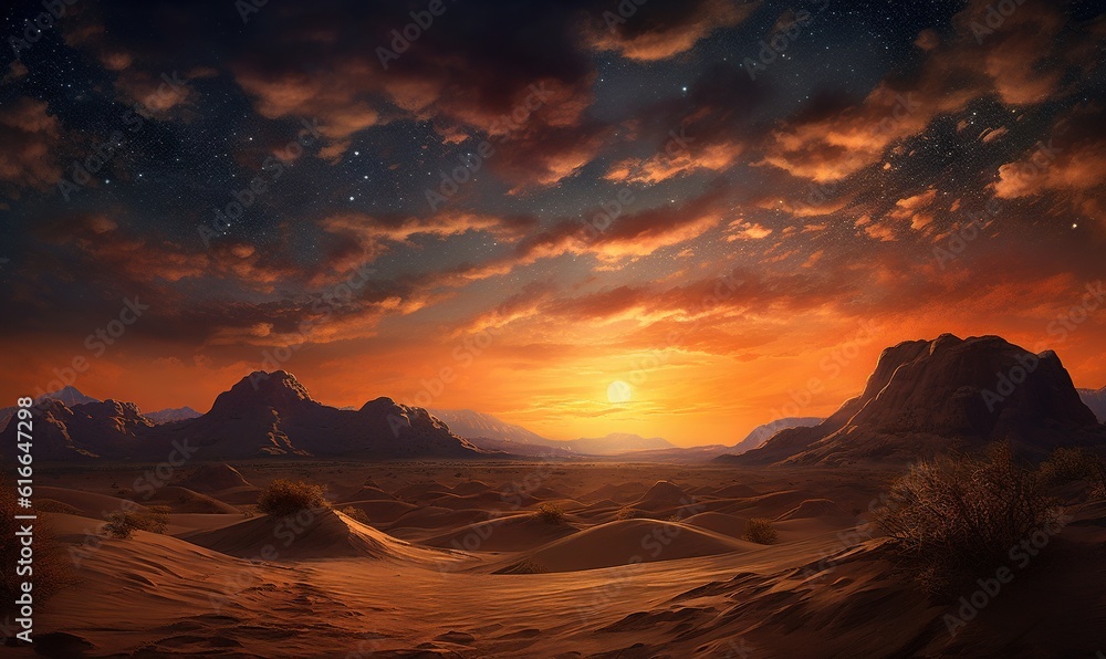  a painting of a desert landscape with mountains in the distance.  generative ai