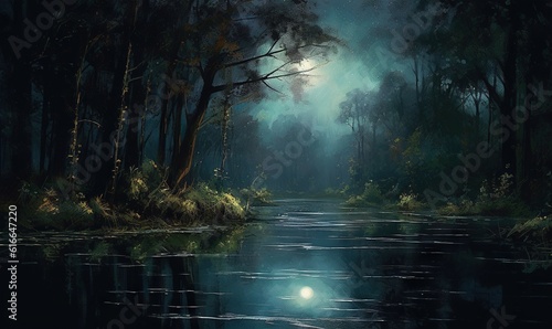  a painting of a river in a forest with a full moon. generative ai