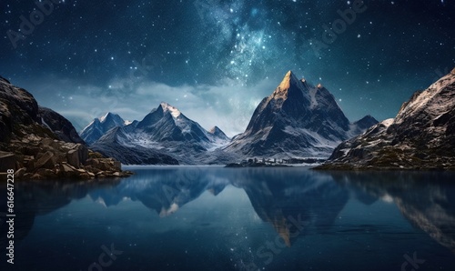  a mountain range with a lake in front of it under a night sky filled with stars.  generative ai