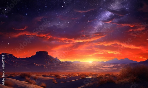  a painting of a desert landscape with mountains and stars in the sky. generative ai