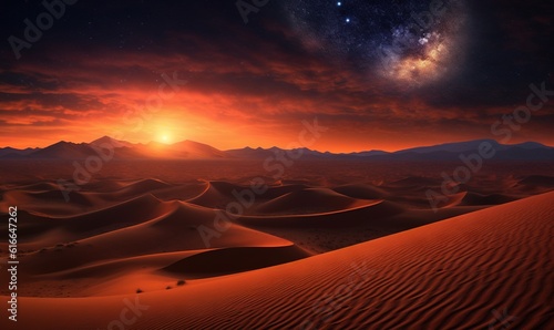  a desert landscape with mountains and a star filled sky in the background.  generative ai