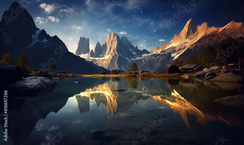  a mountain range is reflected in the water of a lake.  generative ai