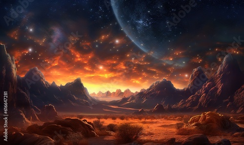  a painting of a desert with mountains and stars in the sky. generative ai