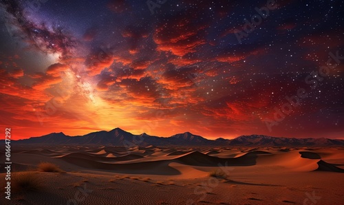  a night sky with stars and clouds over a desert landscape. generative ai