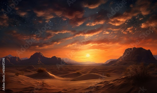  a painting of a desert landscape with mountains in the distance. generative ai