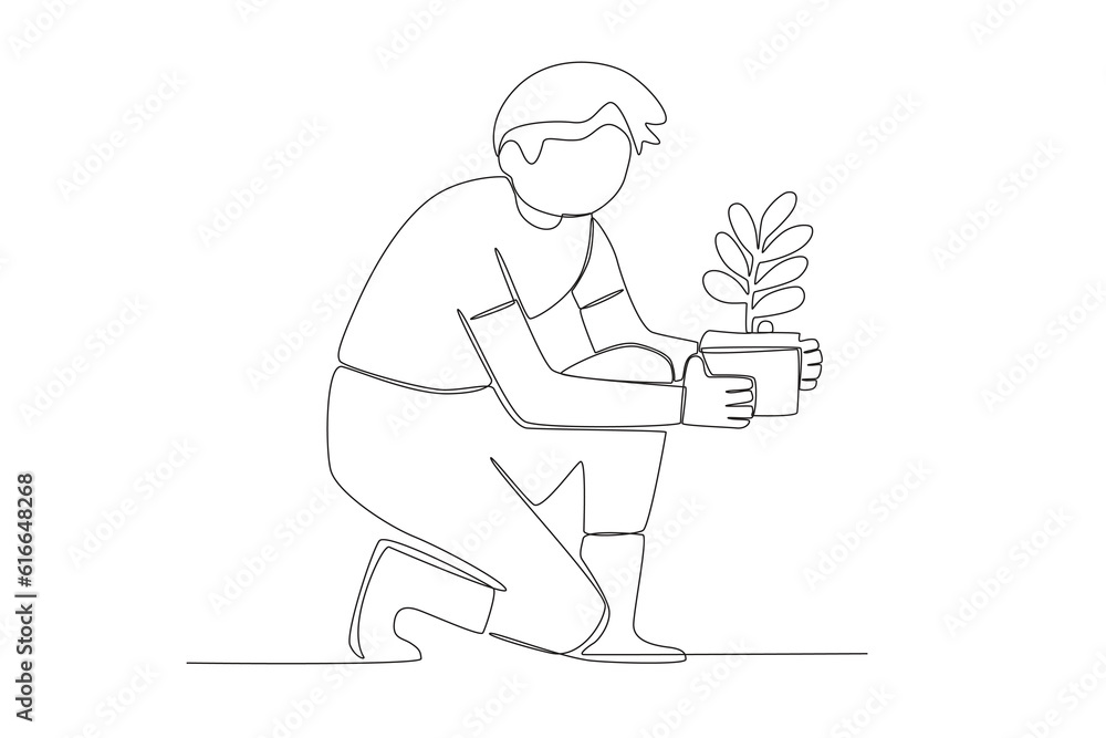ector a woman sits with a flower in a pot world environment day oneline drawing
