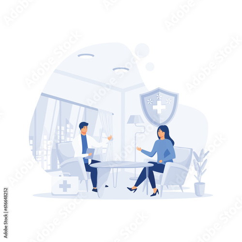 doctor's appointment concept,  Interior of a consulting room with doctor and patient, flat vector modern illustration