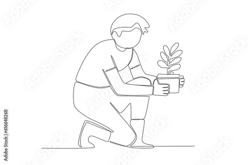 ector a woman sits with a flower in a pot world environment day oneline drawing
