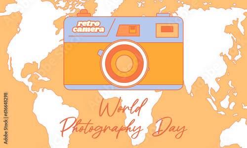 World Photography Day. August 19. Retro groovy style. Holiday concept. Background, banner, card and poster. Vector illustration. photo