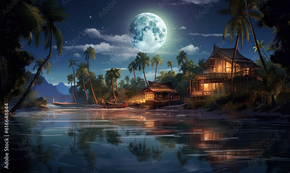  a painting of a tropical island at night with a full moon.  generative ai
