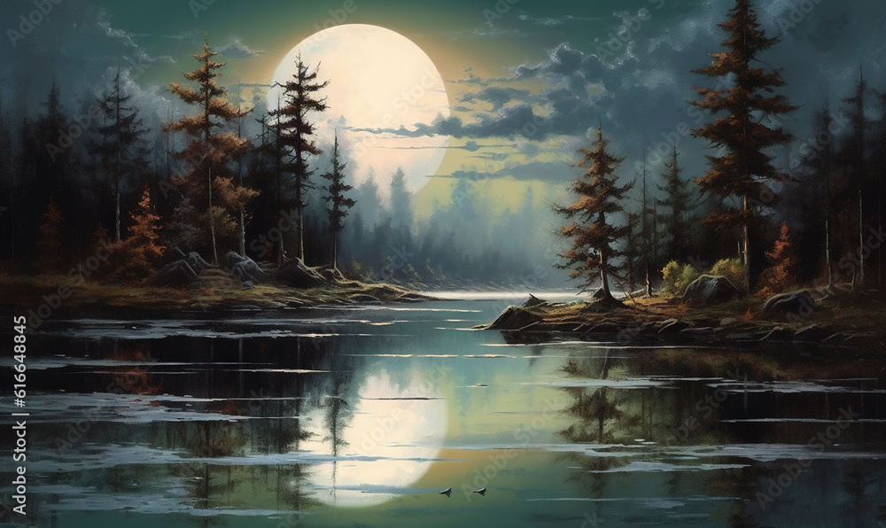Fototapeta premium a painting of a lake with a full moon in the background. generative ai