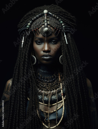 Beautiful black tribal girl, tribal leader, africa, generative ai