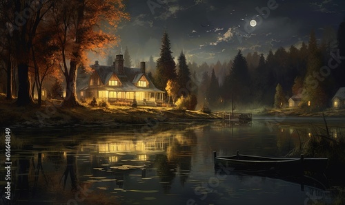  a painting of a house by a lake at night with a boat in the foreground. generative ai