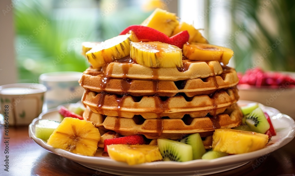 a stack of waffles topped with fruit and syrup. generative ai Stock ...