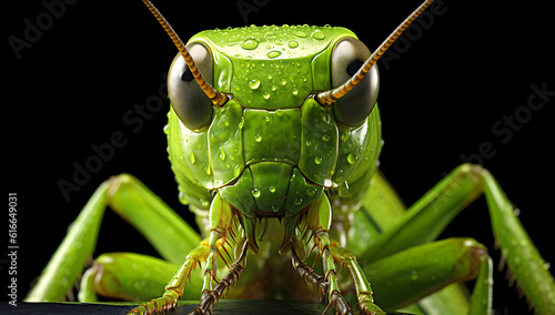 Canvas Print closeup of green grasshopper head isolated on black background