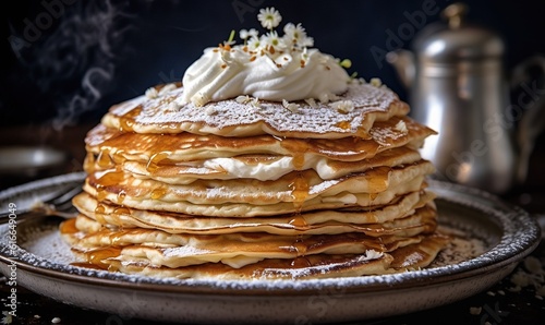 a stack of pancakes on a plate topped with whipped cream.  generative ai