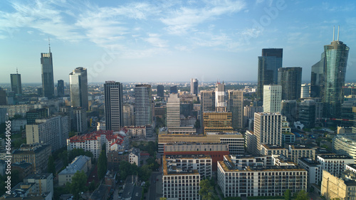 View of modern skyscrapers and business centers in Warsaw. View of the city center from above. Warsaw, Poland.